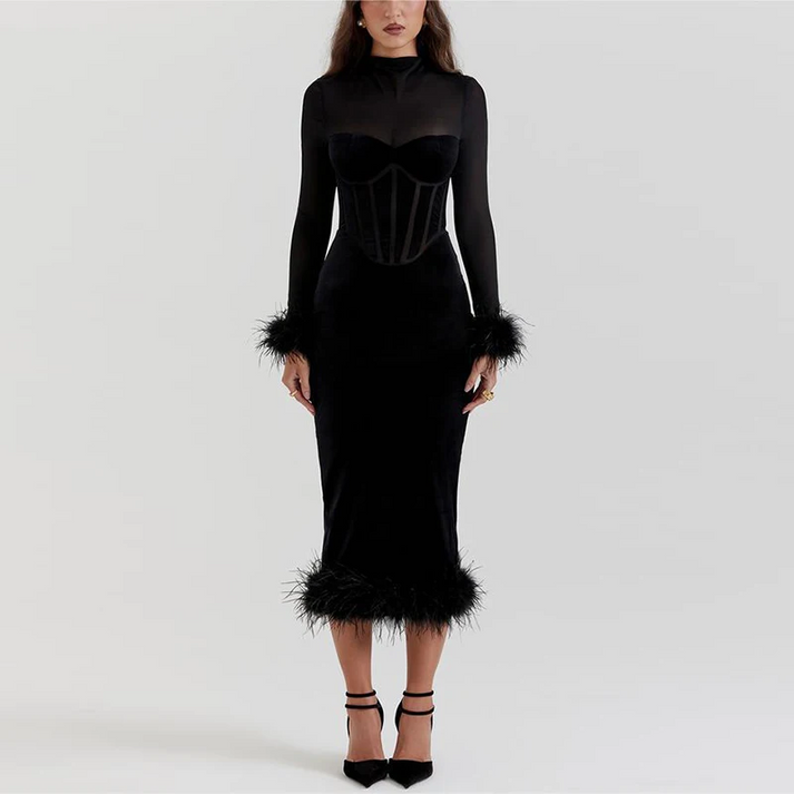Kelly | Robe midi élégante avec plumes