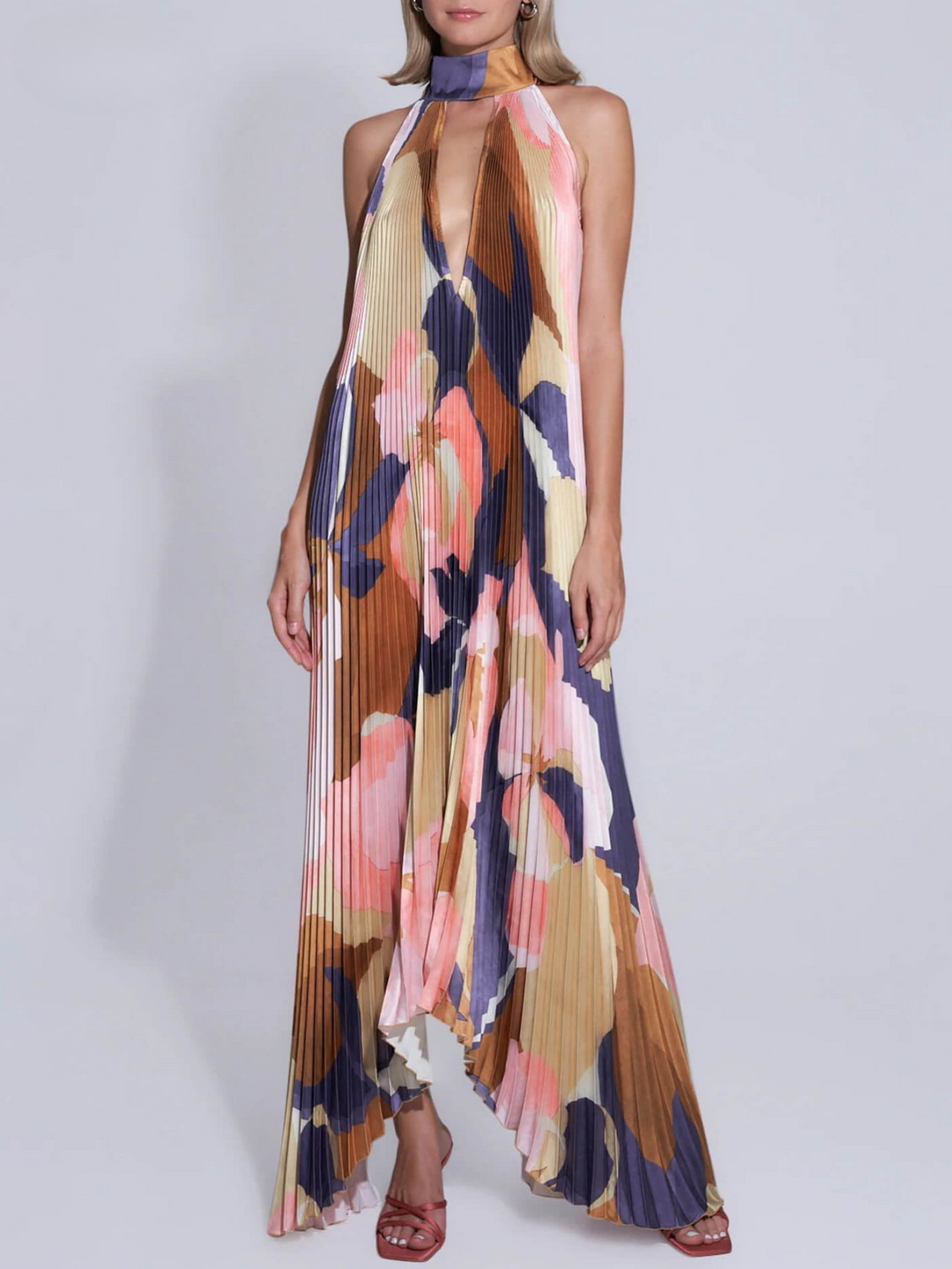 Placida | Robe Évasée Plissée Dos Nu à Imprimé Géométrique pour Femmes