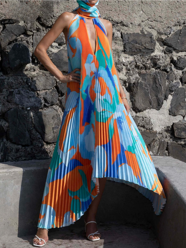 Placida | Robe Évasée Plissée Dos Nu à Imprimé Géométrique pour Femmes