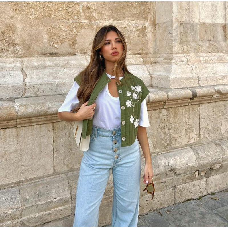 Nia | Gilet vert avec impression de fleurs