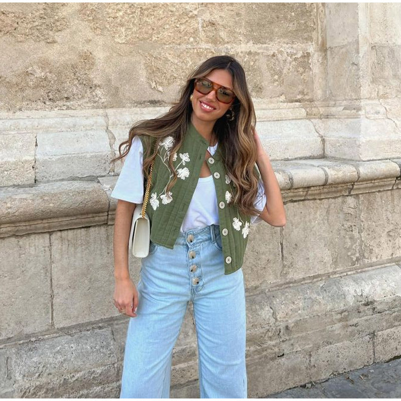 Nia | Gilet vert avec impression de fleurs