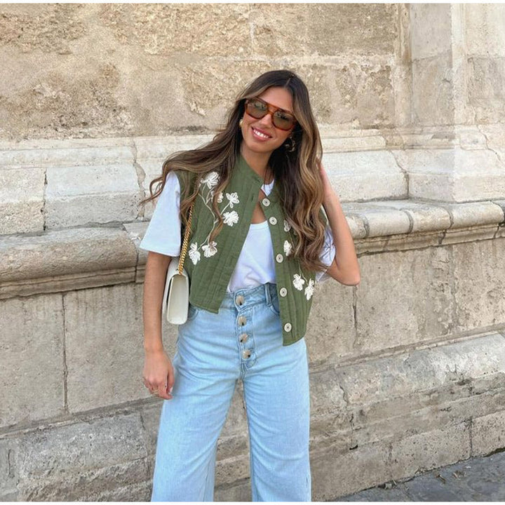 Nia | Gilet vert avec impression de fleurs