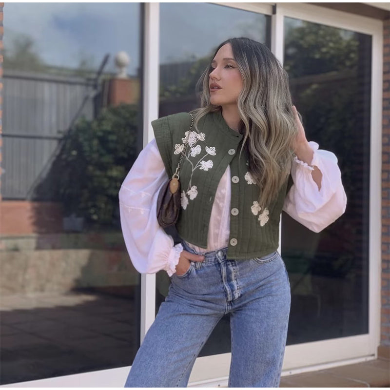 Nia | Gilet vert avec impression de fleurs