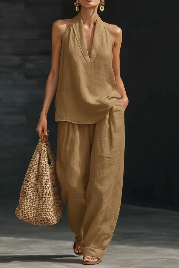 Dianna - Ensemble élégant top ample sans manches à col V et pantalon