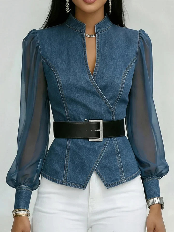 Celine - Blouse élégante en denim avec dentelle à manches longues