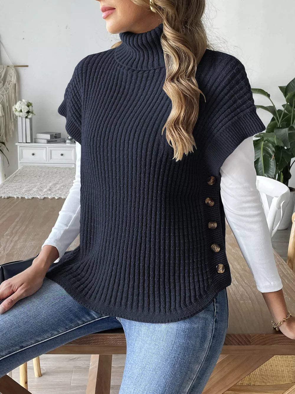 Niniane - Pull sans manches col roulé avec boutons latéraux