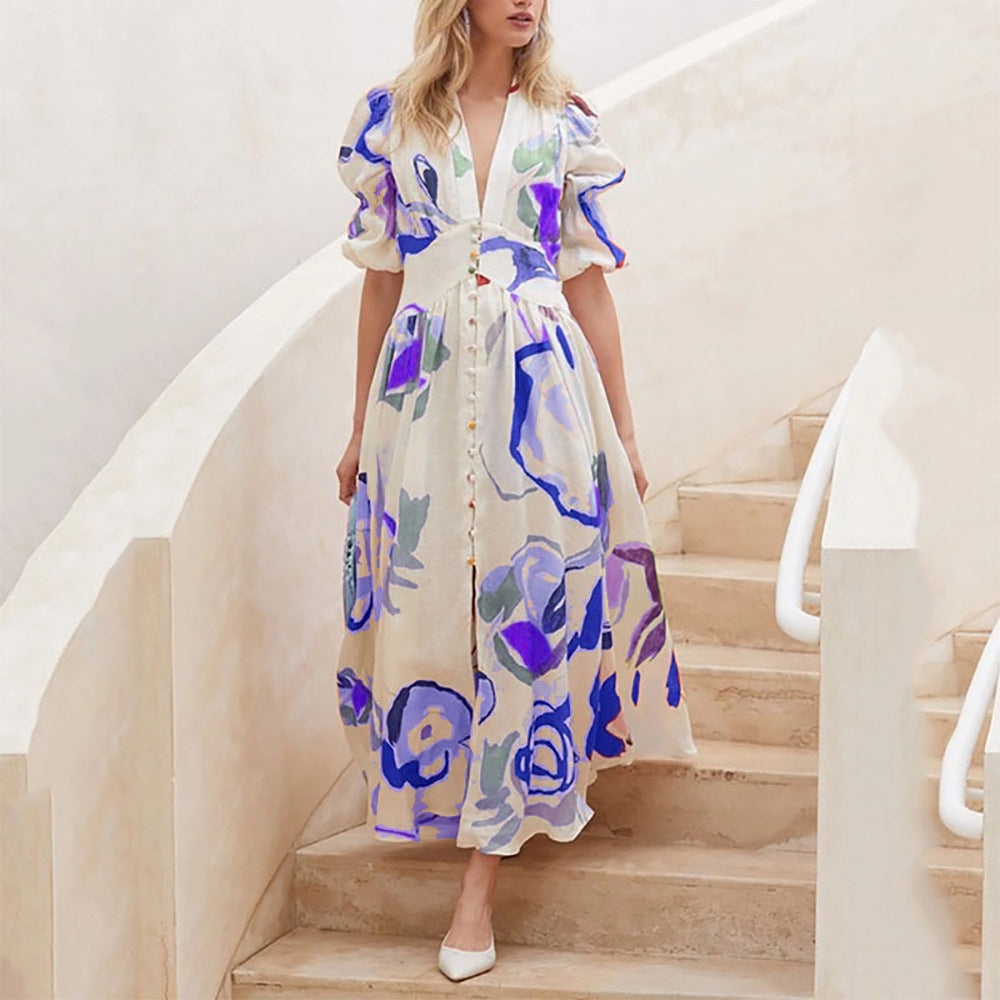 Zaynah - Robe longue élégante ample à col V avec imprimé floral