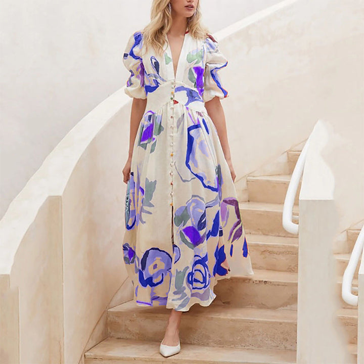 Zaynah - Robe longue élégante ample à col V avec imprimé floral
