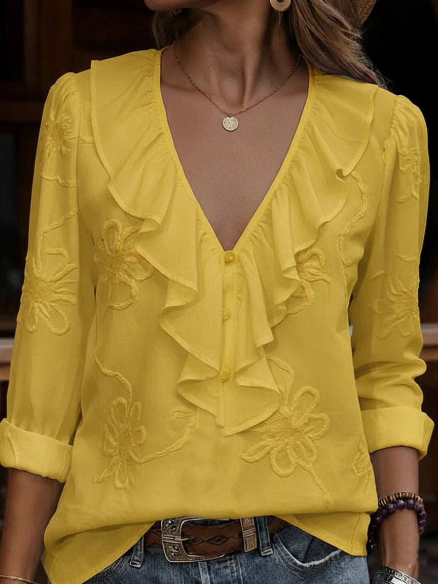 Denise - Blouse élégante à col V avec broderie florale et volants