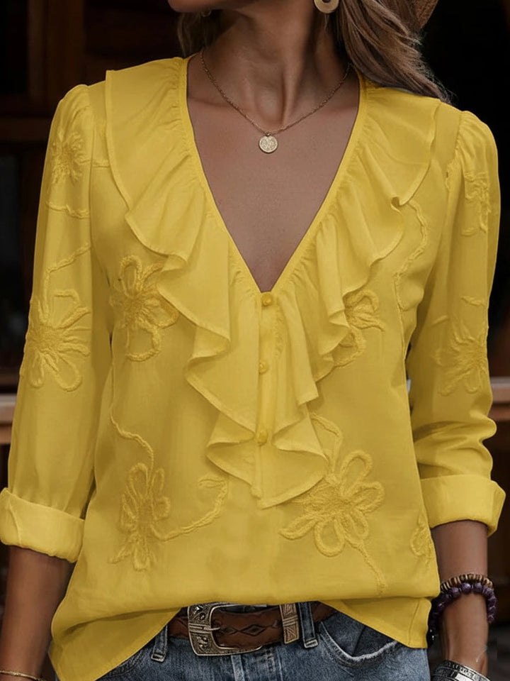 Denise - Blouse élégante à col V avec broderie florale et volants