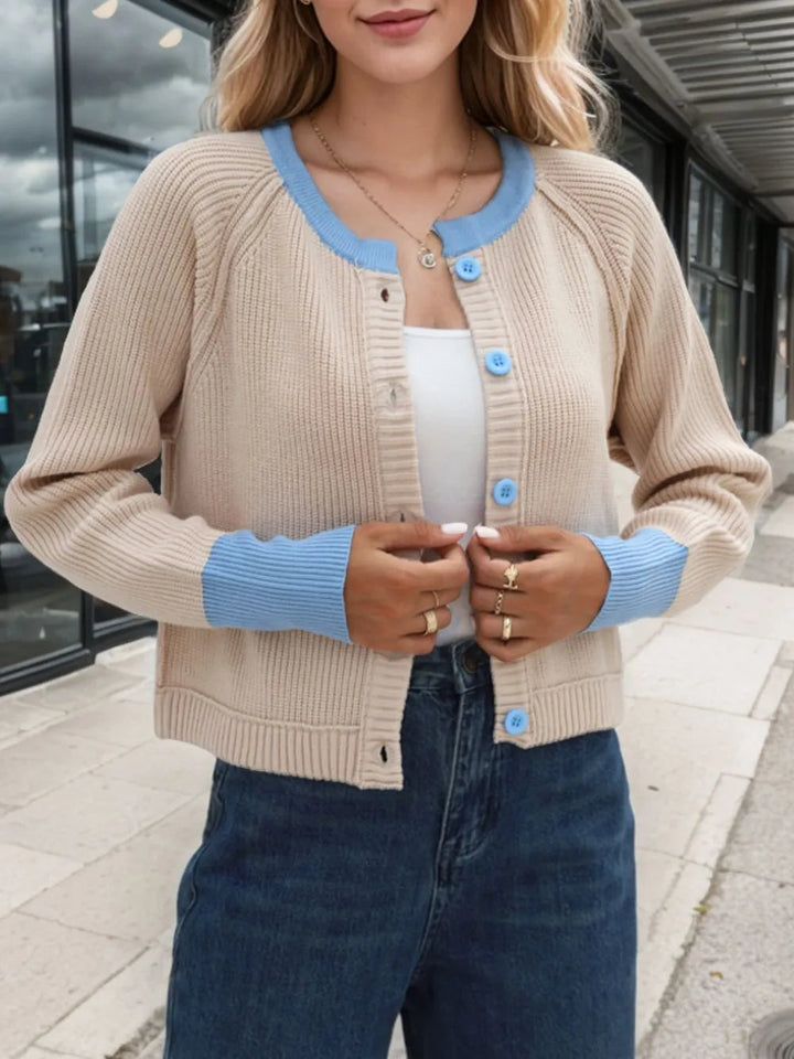 Eleanora - Cardigan court à manches longues boutonné et contrasté