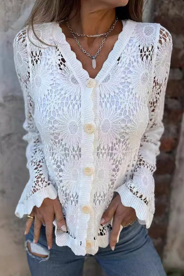 Joyana - Cardigan élégant boutonné en dentelle ajourée