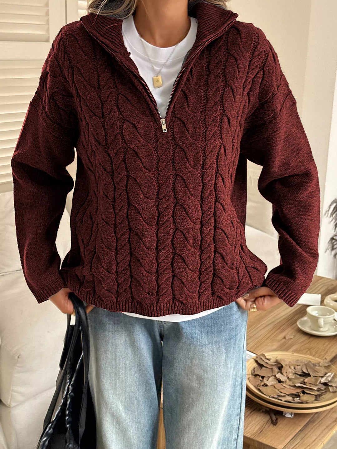 Faith - Pull Élégant Chaud en Maille Câblée avec Demi-Zip