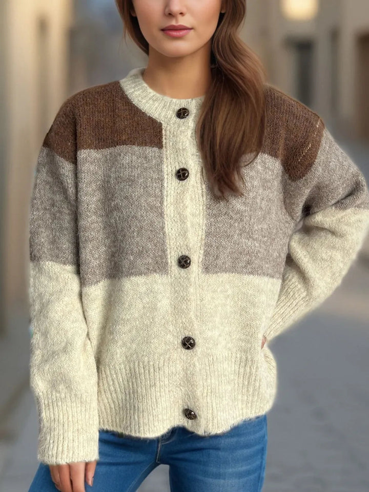 Ysabella - Cardigan décontracté chaud color block col rond boutonné