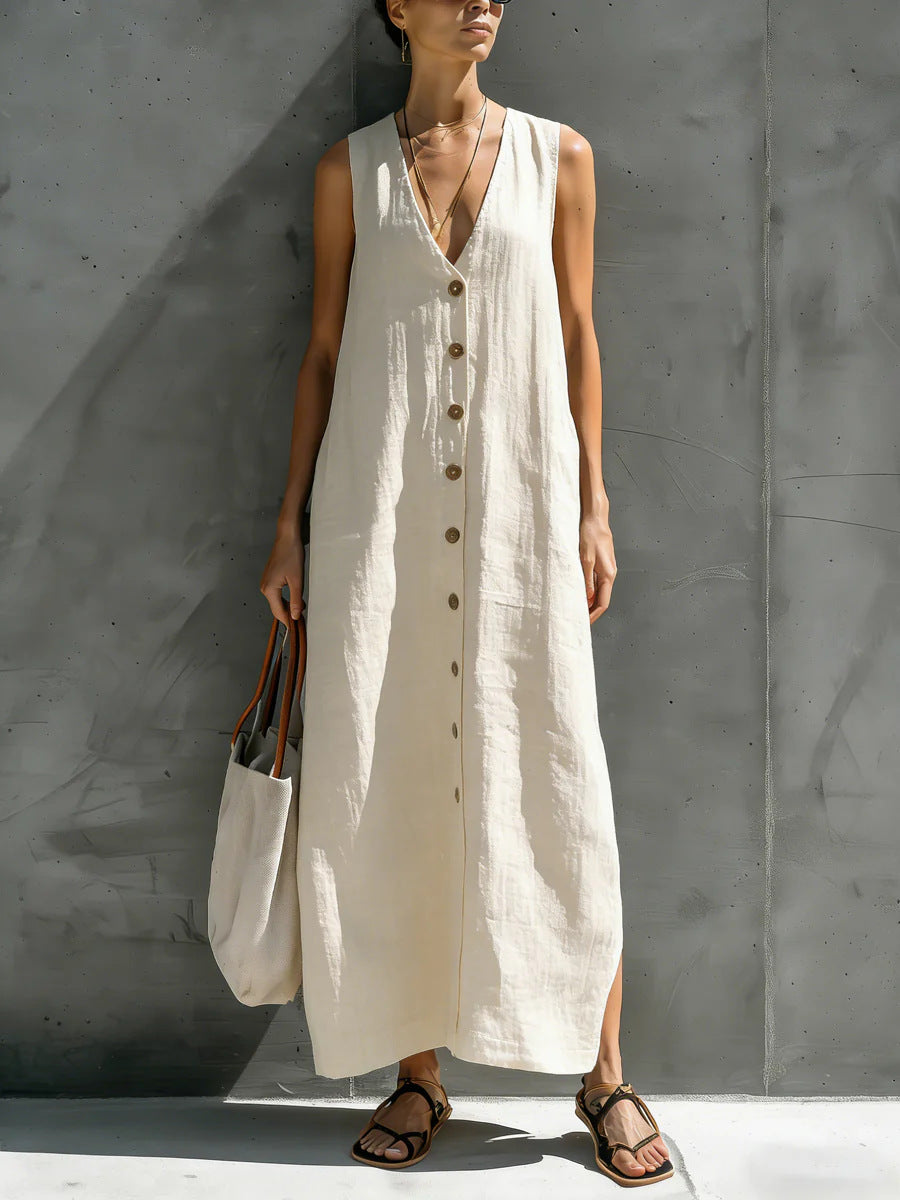 Madeline - Robe longue décontractée ample sans manches à col V boutonné