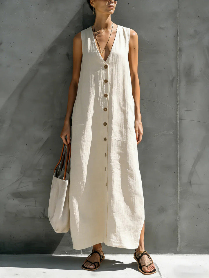 Madeline - Robe longue décontractée ample sans manches à col V boutonné