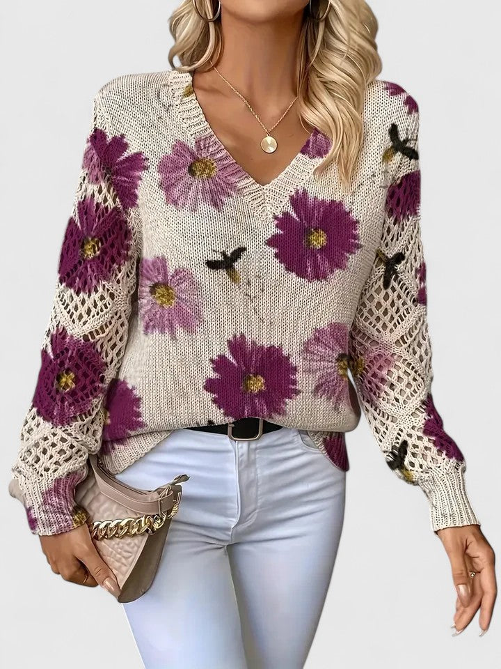 Laryssa - Pull Élégant à Motif Floral Ample et Col V