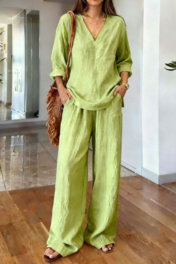 Zorina - Ensemble élégant blouse ample à col V manches longues et pantalon