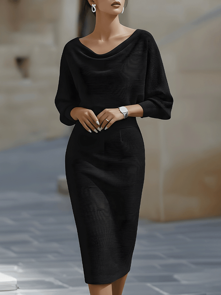 Eliza - Robe midi élégante à col drapé et manches longues amples
