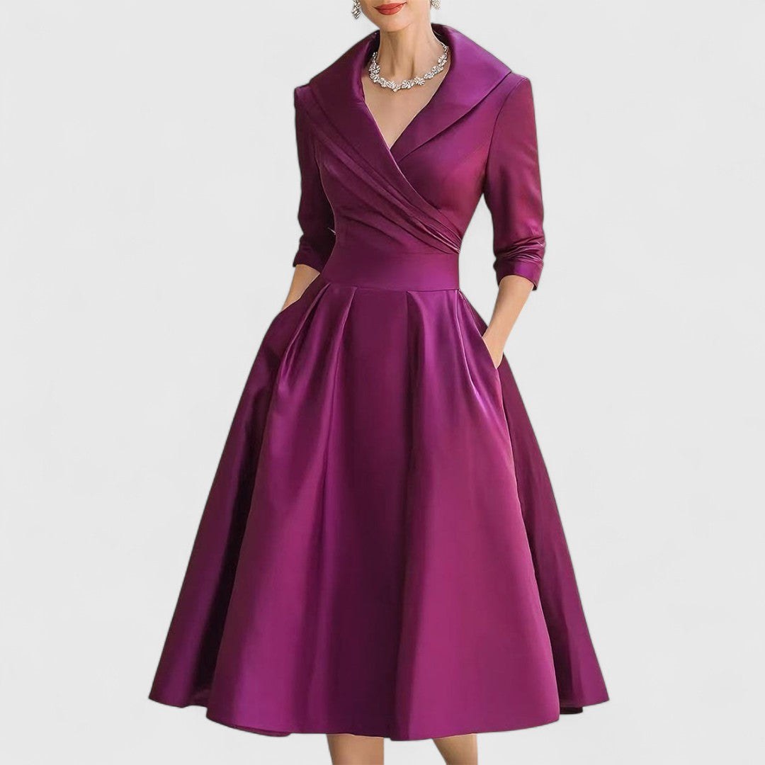 Xylaine - Robe midi élégante flatteuse à manches mi-longues