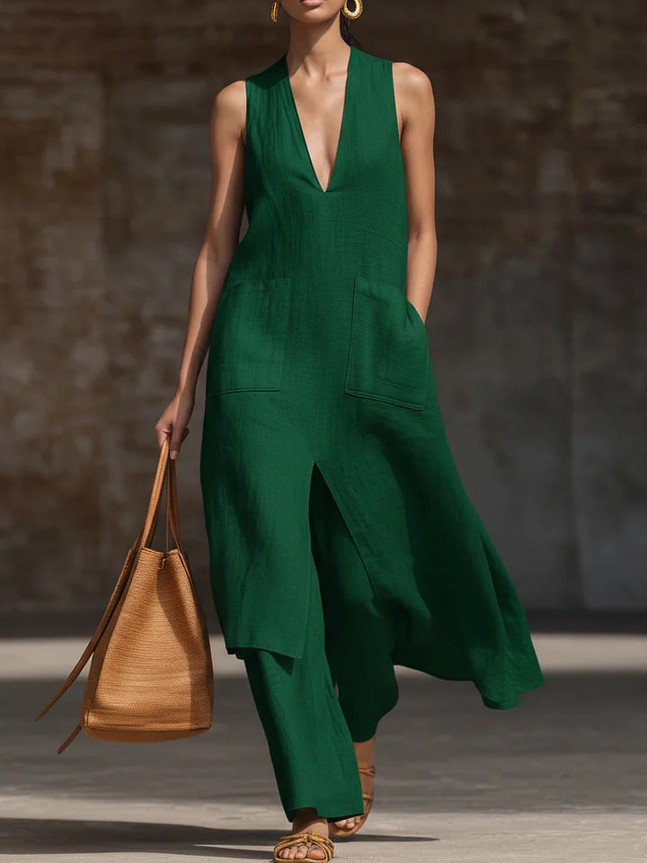 Vania - Ensemble élégant robe ample sans manches à col V avec fente avant et pantalon