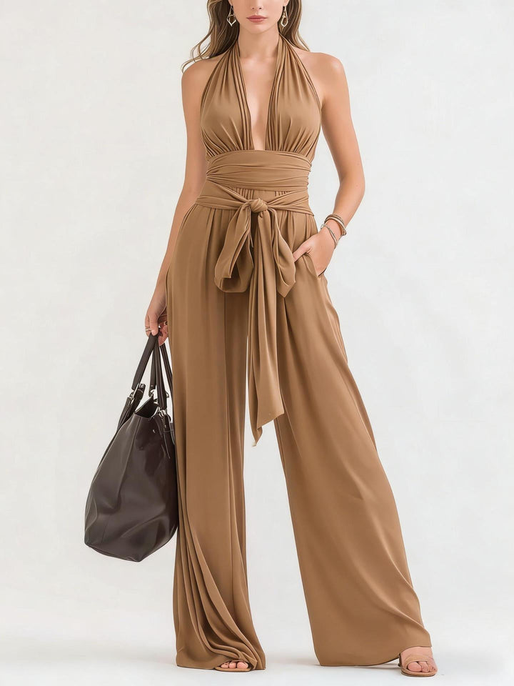 Alynna - Combinaison élégante à col halter, col V, taille nouée et jambes larges