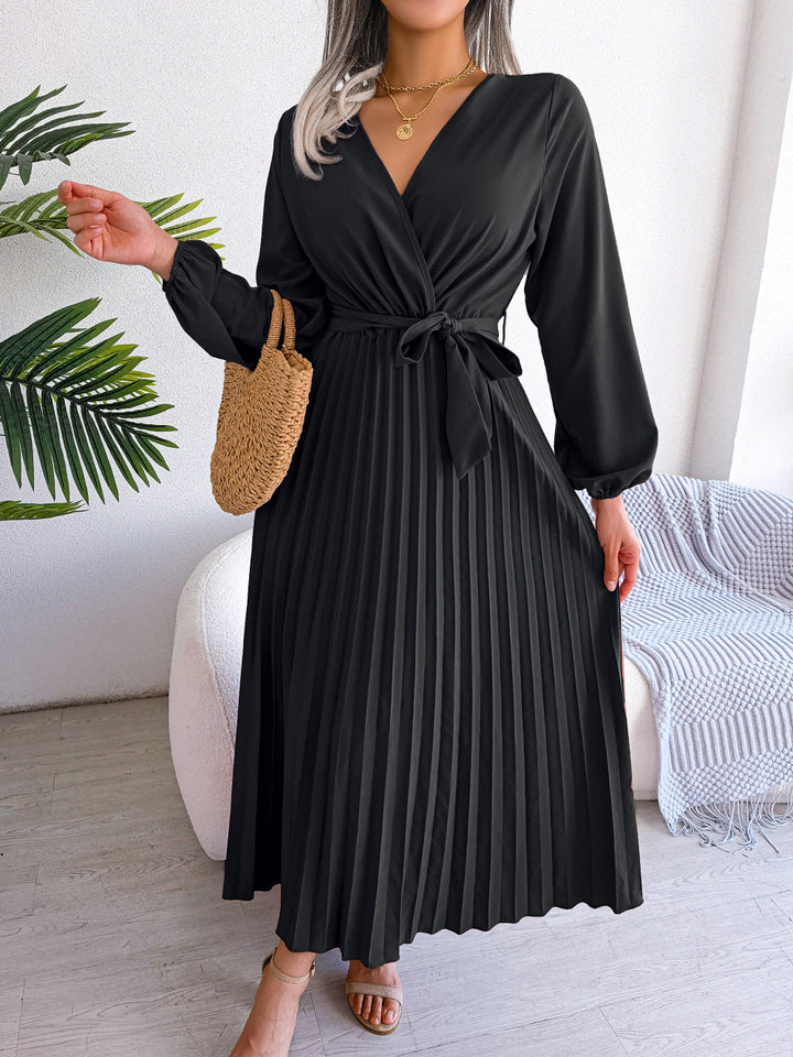 Jenna - Robe maxi élégante à manches longues plissée avec taille nouée