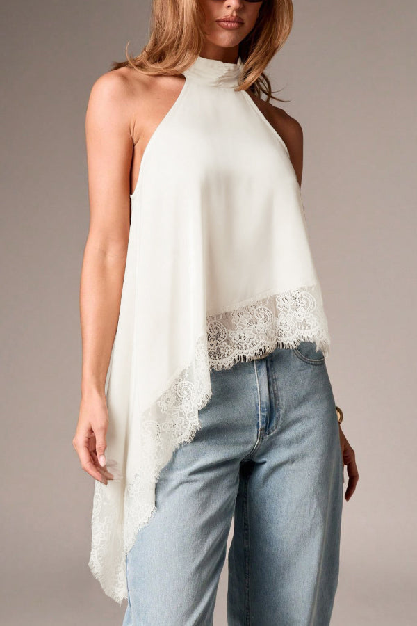 Suzan - Haut élégant satiné sans manches à col halter avec ourlet en dentelle