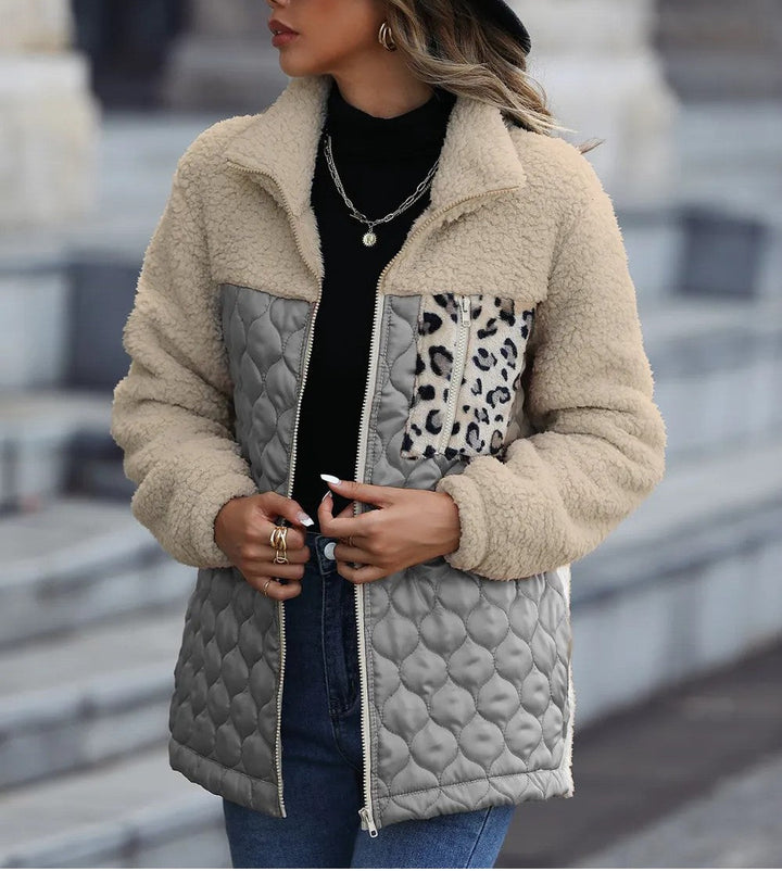 Yvessa - Veste chaude zippée élégante à imprimé léopard color block