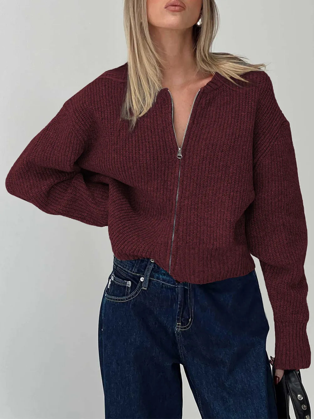 Cathryn - Cardigan décontracté en maille côtelée zippé à manches longues