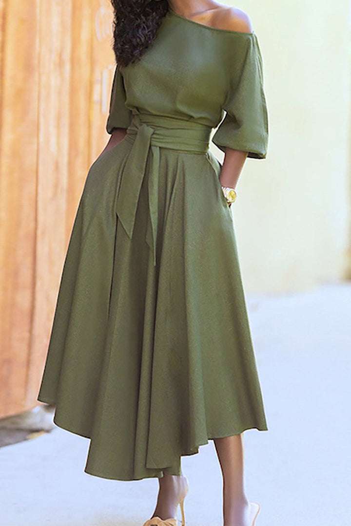 Camilla - Robe midi élégante à épaules dénudées avec manches mi-longues et taille nouée