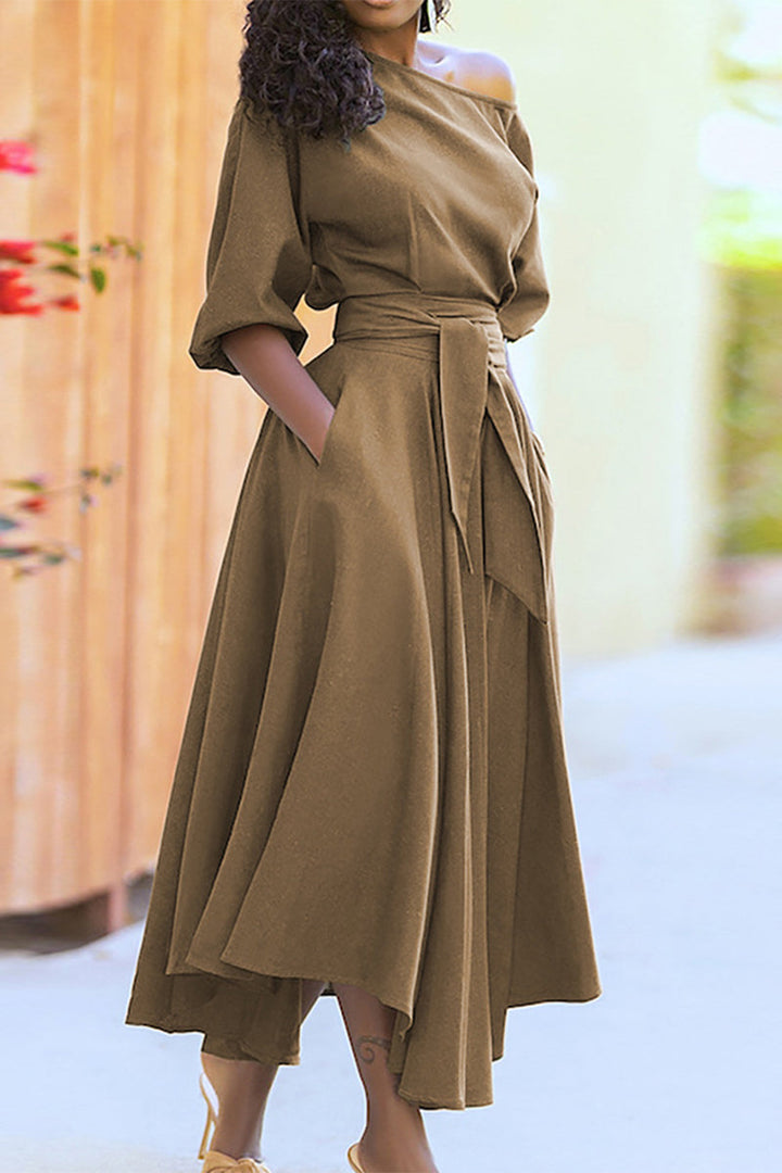 Camilla - Robe midi élégante à épaules dénudées avec manches mi-longues et taille nouée