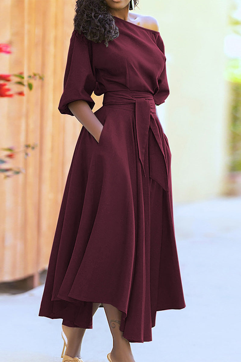 Camilla - Robe midi élégante à épaules dénudées avec manches mi-longues et taille nouée