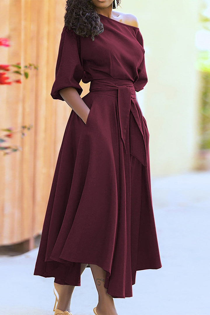 Camilla - Robe midi élégante à épaules dénudées avec manches mi-longues et taille nouée