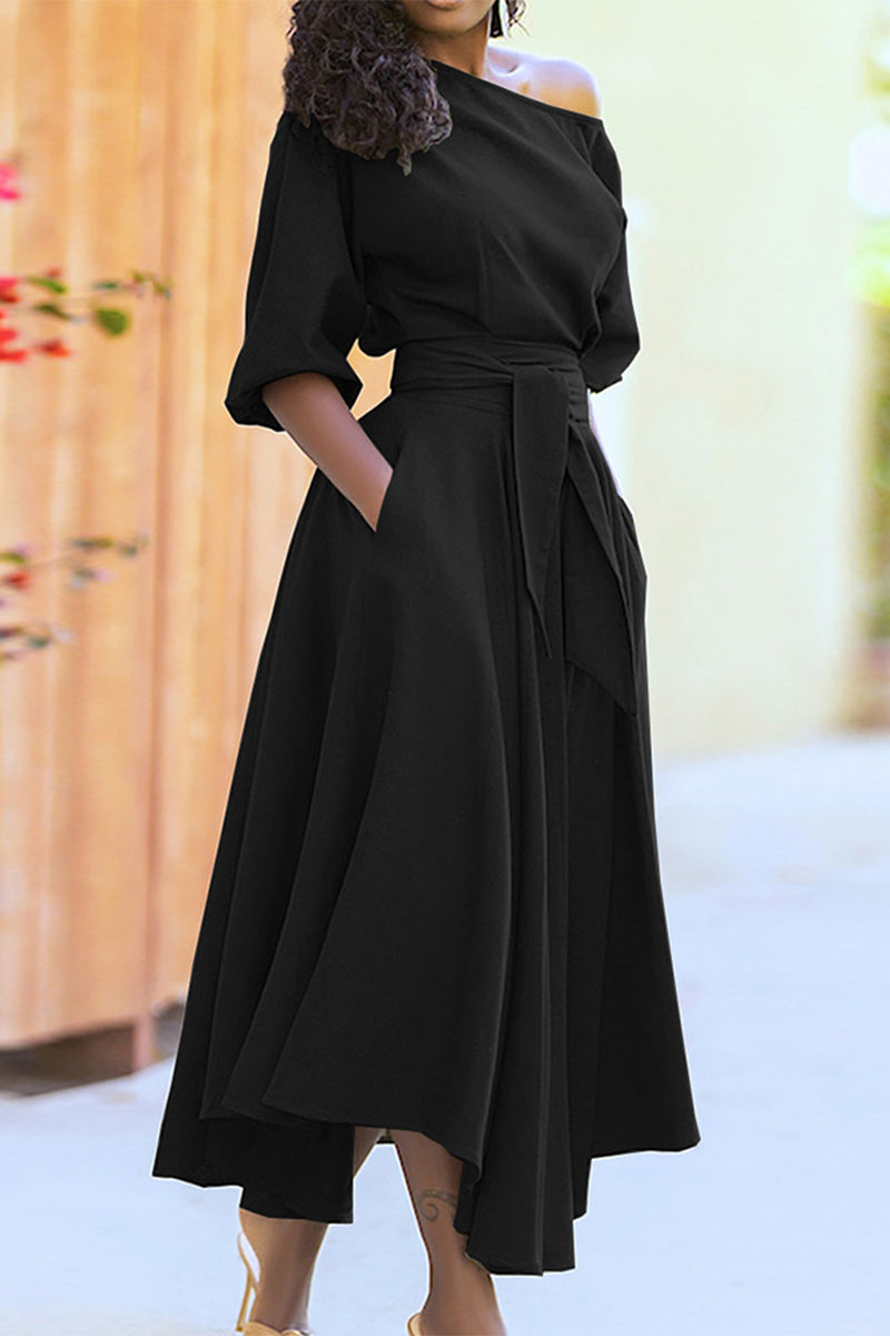 Camilla - Robe midi élégante à épaules dénudées avec manches mi-longues et taille nouée