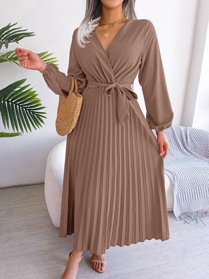 Jenna - Robe maxi élégante à manches longues plissée avec taille nouée