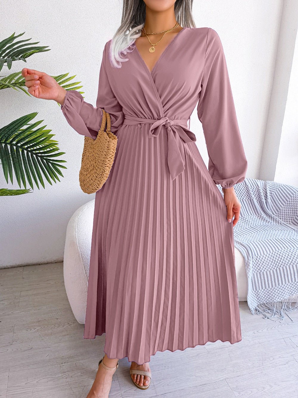 Jenna - Robe maxi élégante à manches longues plissée avec taille nouée