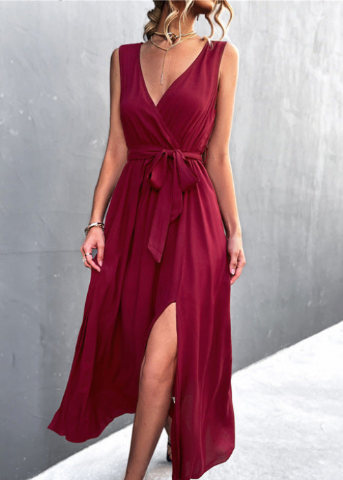 Lynda - Robe élégante sans manches à col V avec taille nouée et fente
