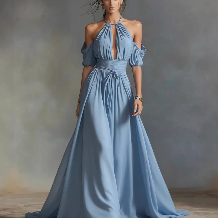 Maggie - Robe longue élégante à col halter et épaules dénudées