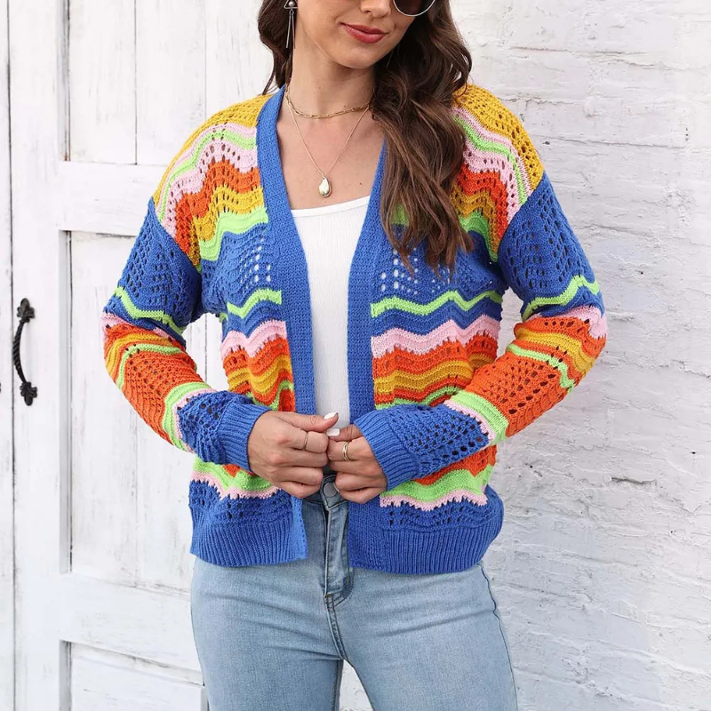 Rosalynn - Cardigan coloré stylé à maille ajourée et devant ouvert