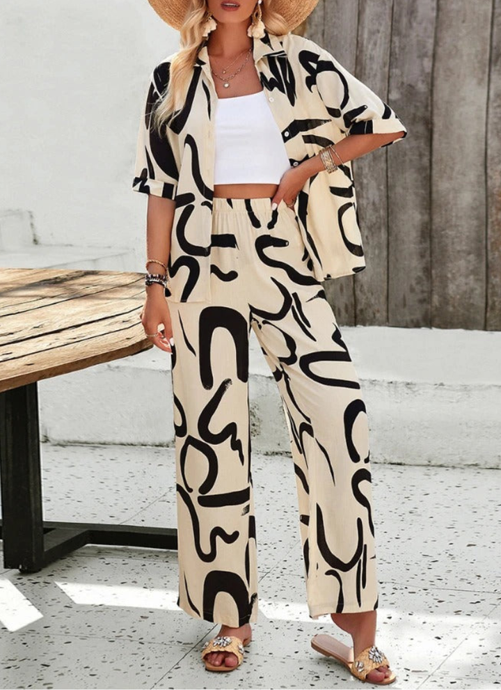 Sydney - Ensemble élégant blouse polo et pantalon à imprimé abstrait