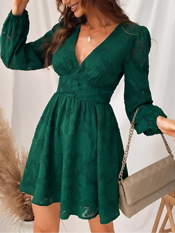 Nina - Robe mini élégante à manches longues avec col V plongeant et coupe A-line