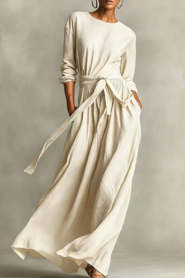 Lainey - Robe maxi décontractée ample à col rond manches longues avec taille nouée