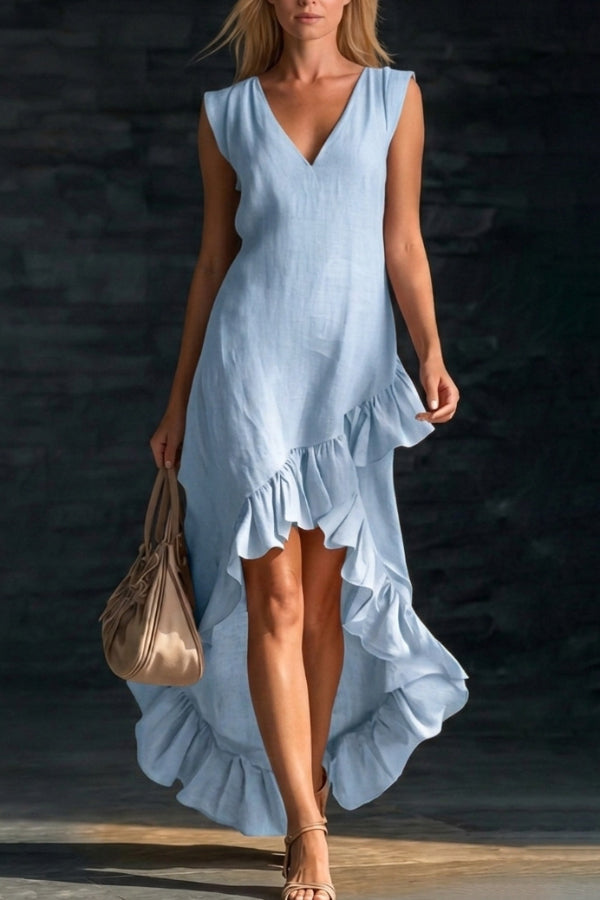 Velinda - Robe longue élégante et ample à col en V sans manches avec ourlet volanté