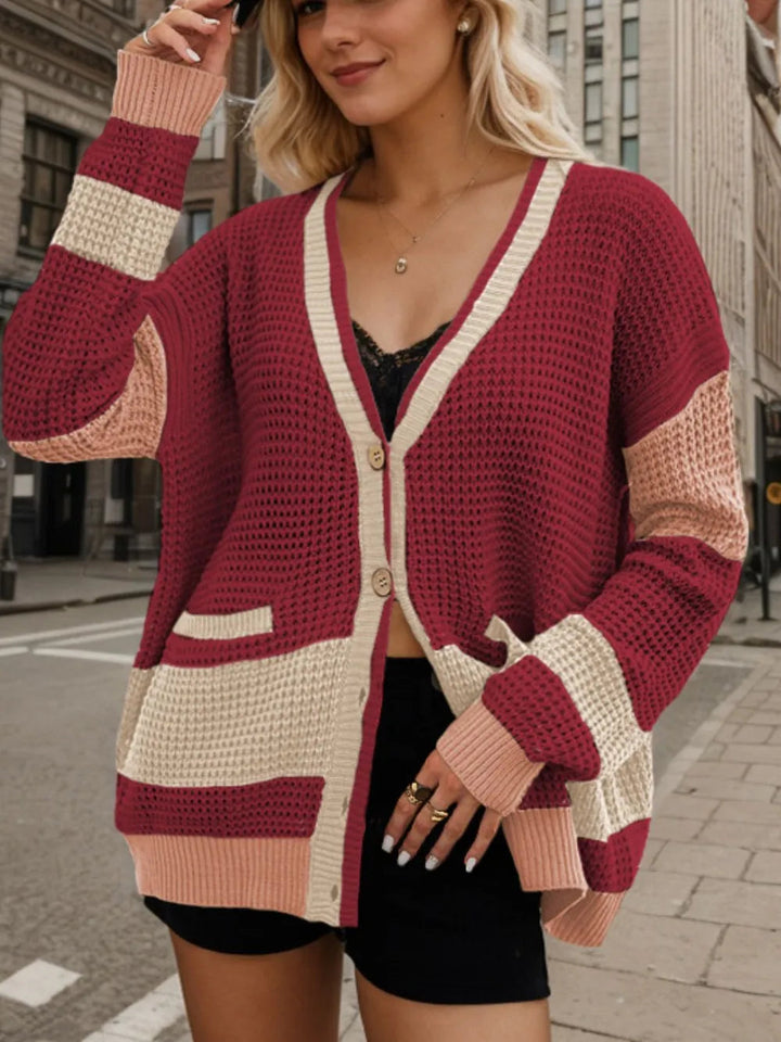 Elvina - Cardigan élégant en maille gaufrée avec contraste et manches longues