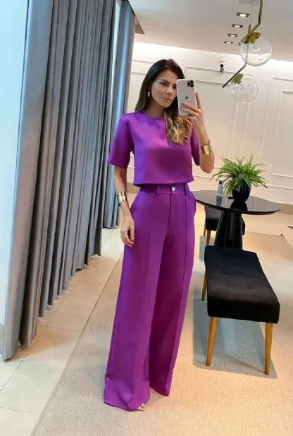 Iahmesu | Fashion Solid Color Casual Wide Leg Trousers Short Sleeve Top pour Femmes