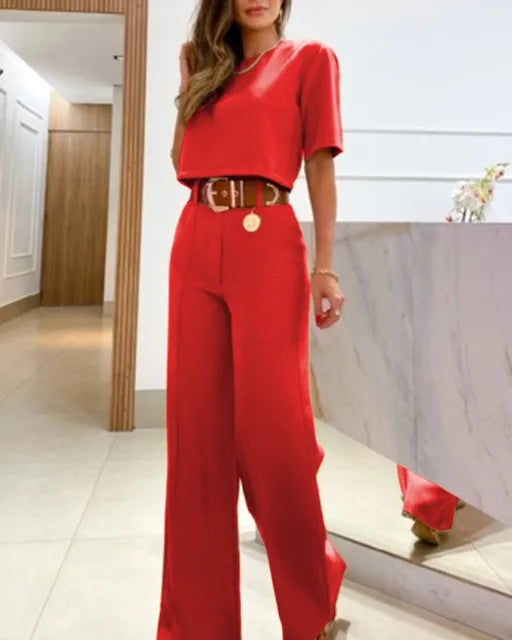 Iahmesu | Fashion Solid Color Casual Wide Leg Trousers Short Sleeve Top pour Femmes
