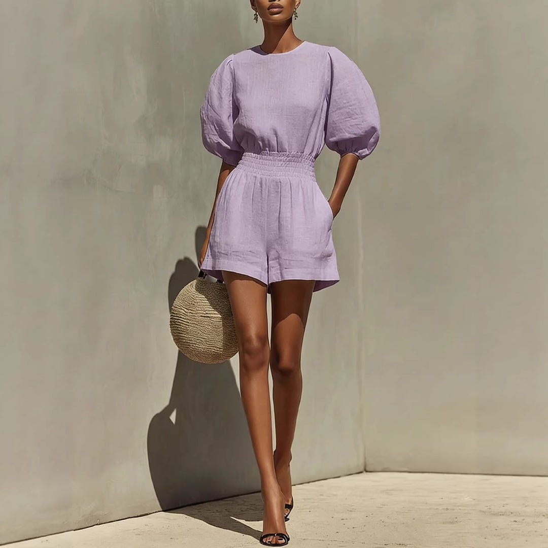 Romane - Ensemble décontracté composé d'une blouse à manches bouffantes et d'un short confortable
