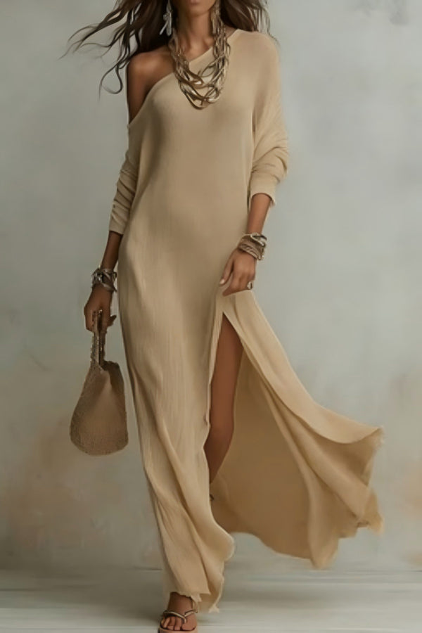 Xylaine - Robe maxi ample à col asymétrique, manches longues et fente