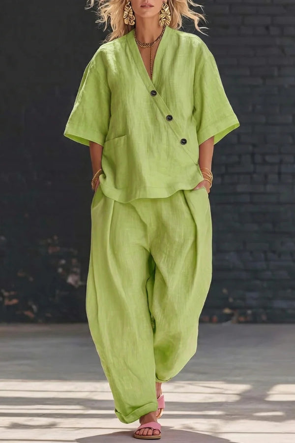 Wendelynn - Ensemble ample décontracté avec haut col en V à manches courtes et pantalon